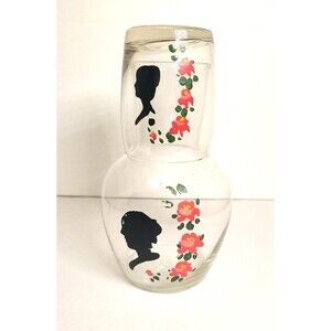 Vintage Glass Tumble Up Set Bedside Carafe & Cup Hand Painted Flowers